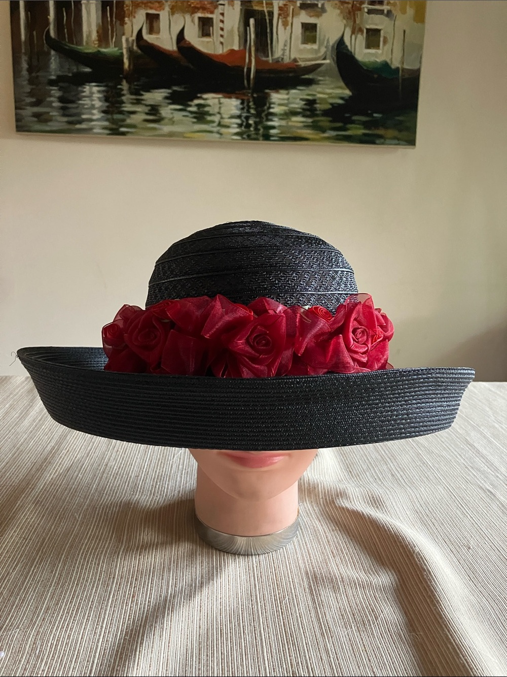 Black Straw Wide-Brim Hat with Red Rose Trim
